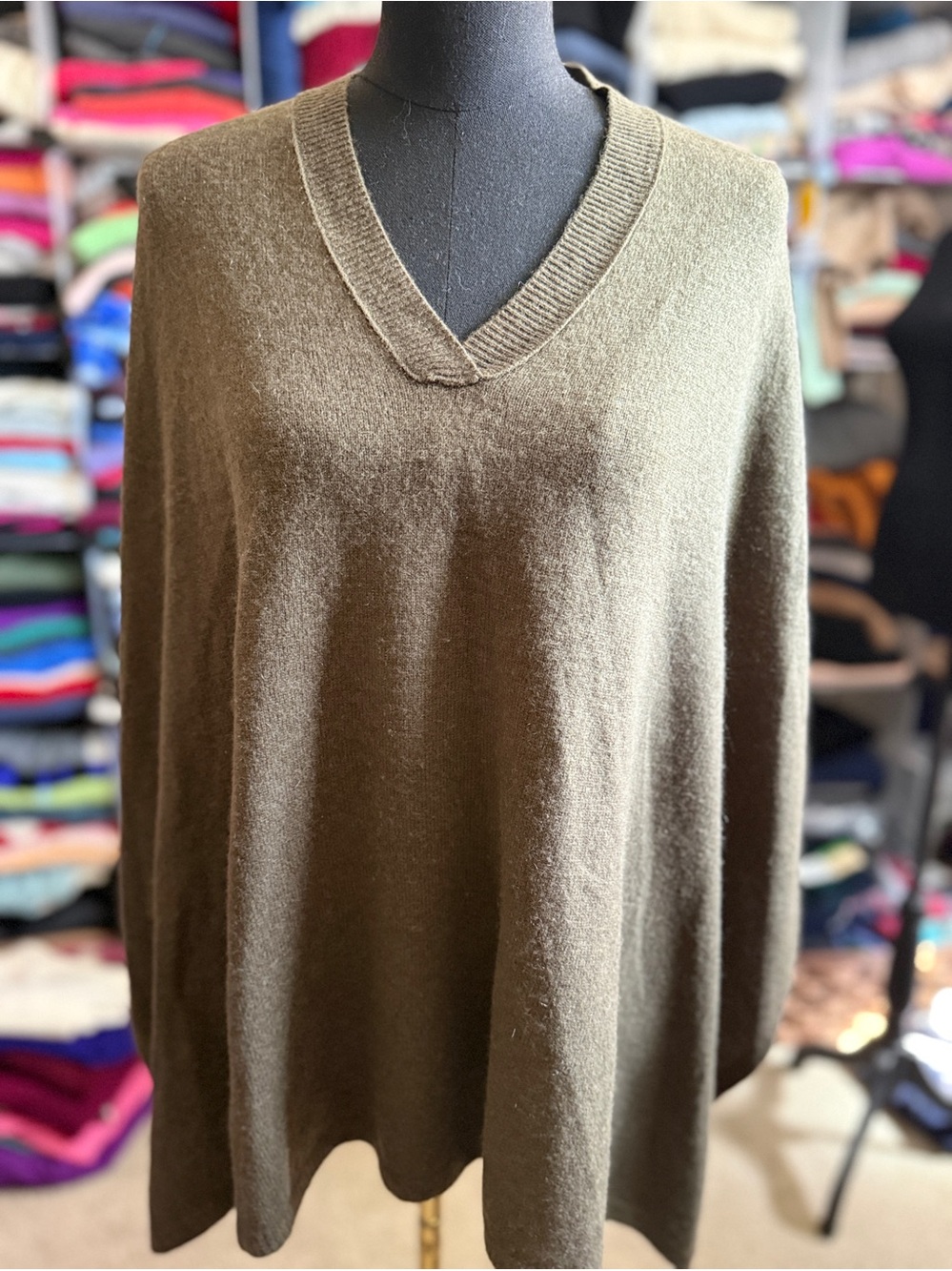 Halogen Dark Tan V-Neck Women's Cashmere Poncho Sweater